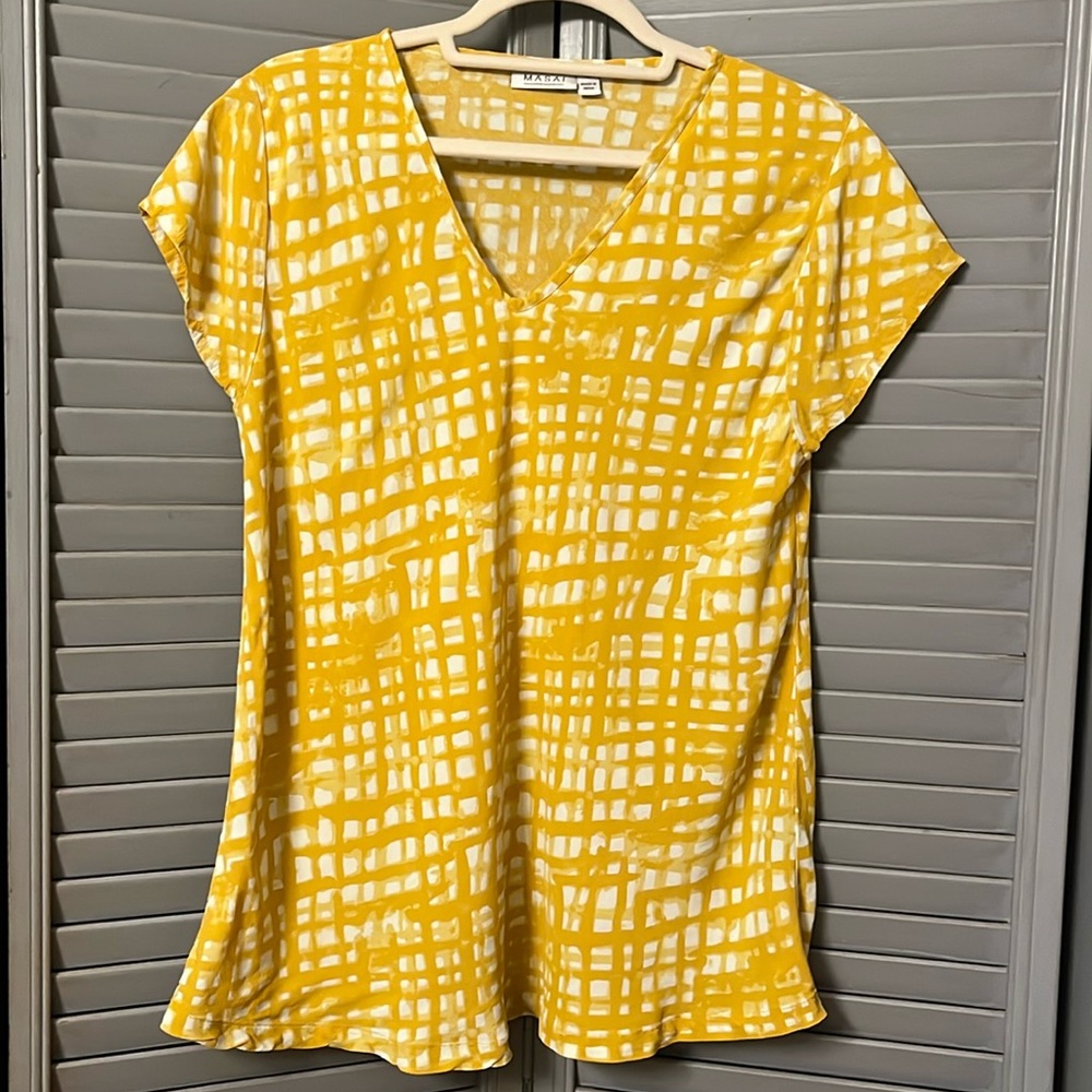 Masai Geometric Print Blouse, V-Neck, Short Sleeve Pull Over, Goldenrod, Size S
